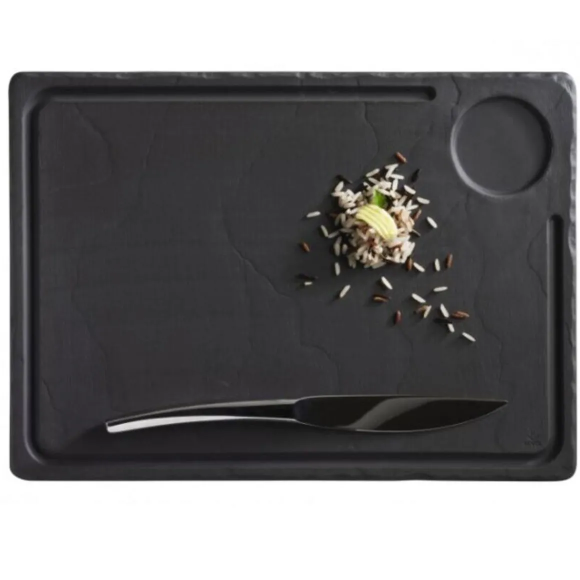 assiette__steak_rectangul_0.webp Discount Assiette à steak rectangulaire de 13" x 9.5" avec encoche ronde Basalt - Noire - 3 par boite Vaisselle